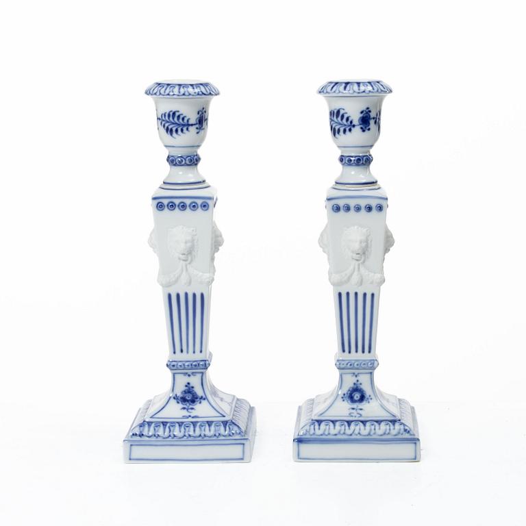 Royal Copenhagen, Candlesticks, a pair, porcelain, "Musselmalet", Denmark, 1935–1936 & 1980–1984.