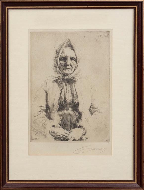 Anders Zorn, etsning, 1911, signerad.