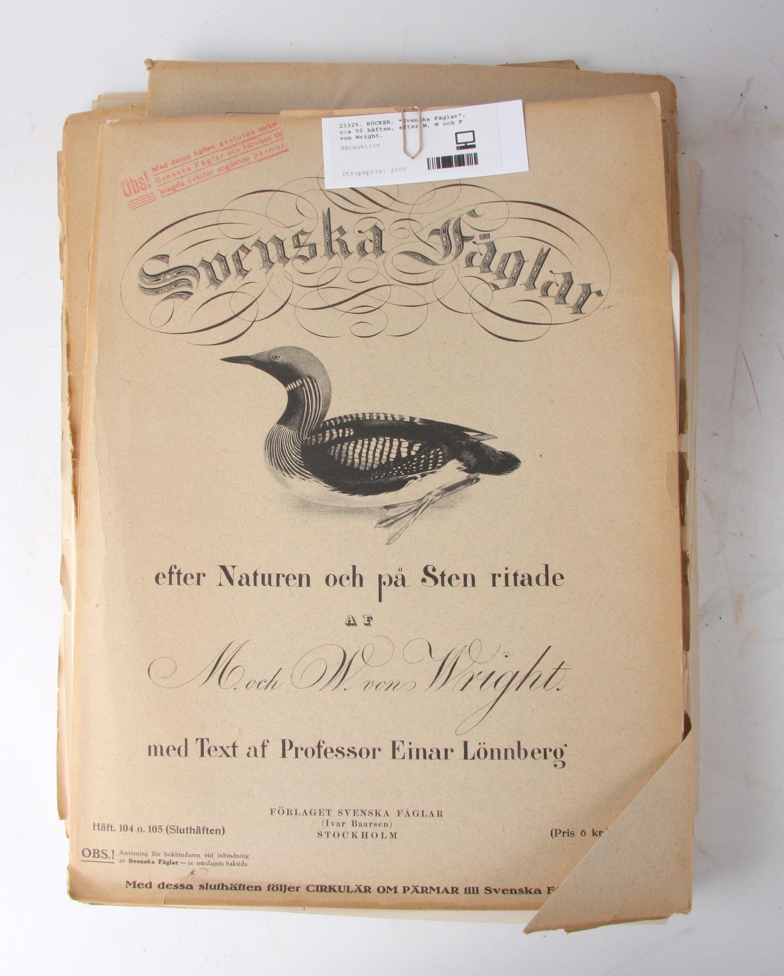 BÖCKER, "Svenska Fåglar", c:a 50 häften, efter M, W och F von Wright.