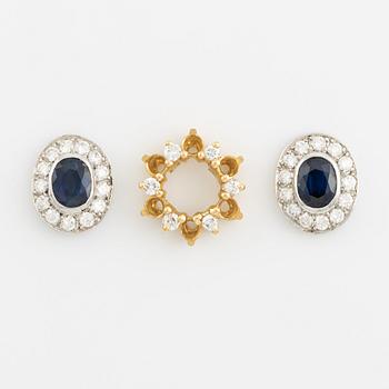 Loose parts for earrings with sapphires and brilliant cut diamonds, and pendant ring with brilliant cut diamonds.