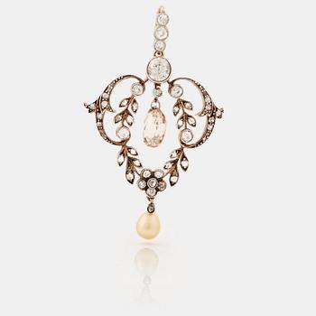 803. A natural pearl, old-, rose-and briolette cut diamond pendant. Early 20th cent.