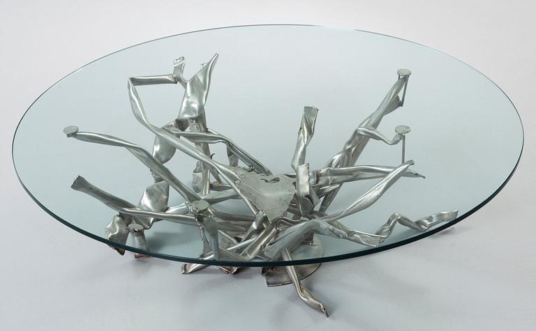 An Albert Féraud steel base with circular glass top sofa table, France.