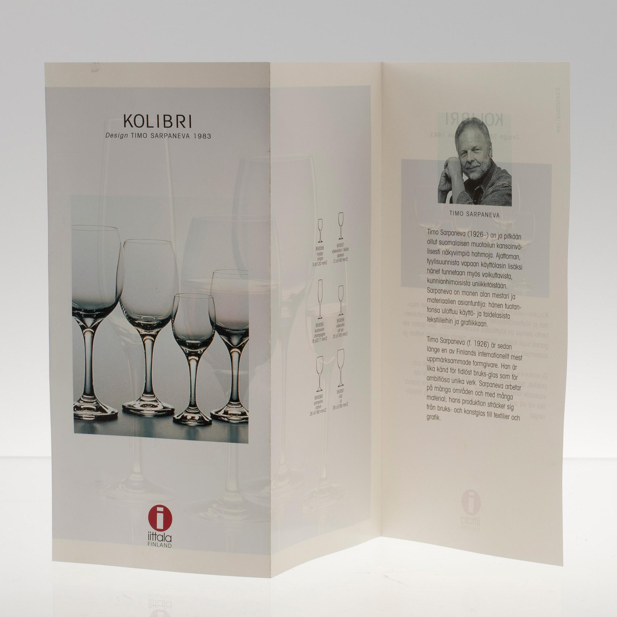 VINGLAS, 14 + 6 delar, klart glas, "Kolibri" Timo Sarpaneva, Iittala. 1980-tal.