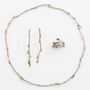 Sofia Björkman, necklace, ring and earrings in the form of birch branches, silver. Ring with tanzanites.