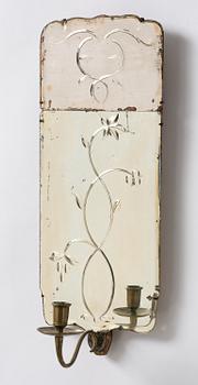 A pair of Swedish engraved-glass one-branch girandole mirrors, later part 18th century.