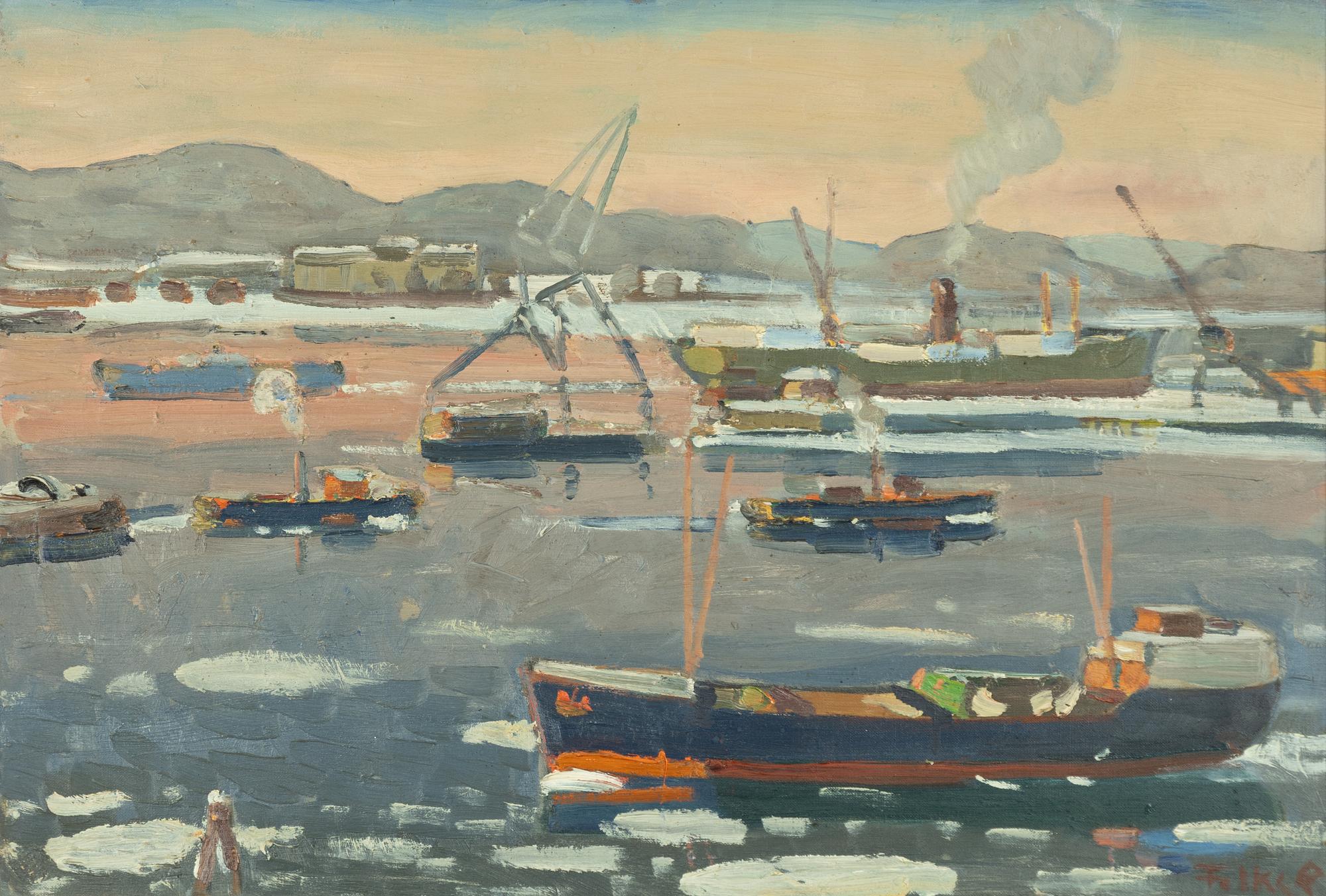 Folke Persson, Harbour scene, winter.