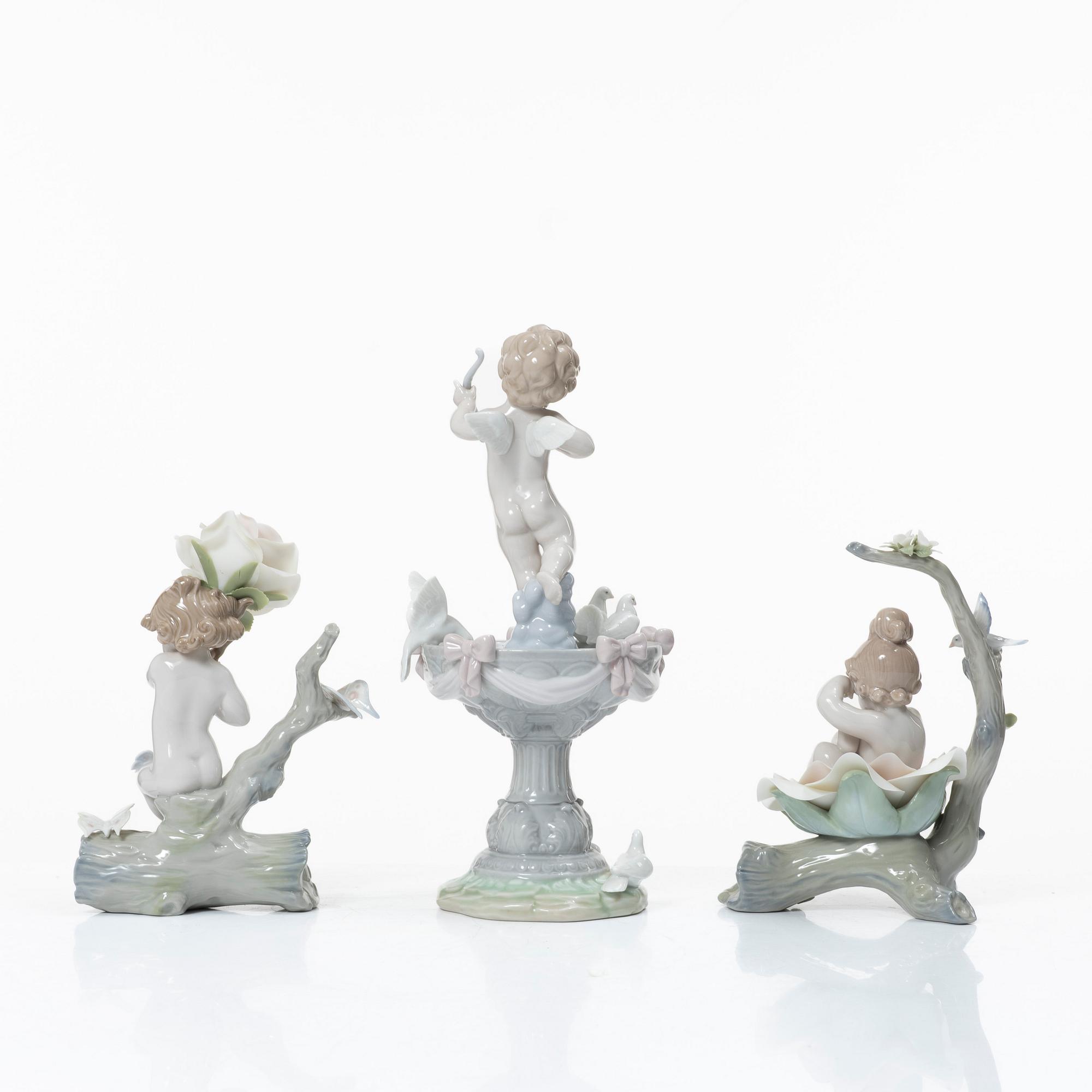 Lladró, figuriner, 3 st, "Fountain of love", "Born in springtime" samt "Somewhere in the garden", Spanien.