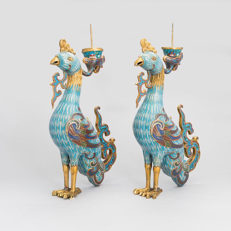 A pair of large Chinese cloisonné candle holders/censers, Qing dynasty.