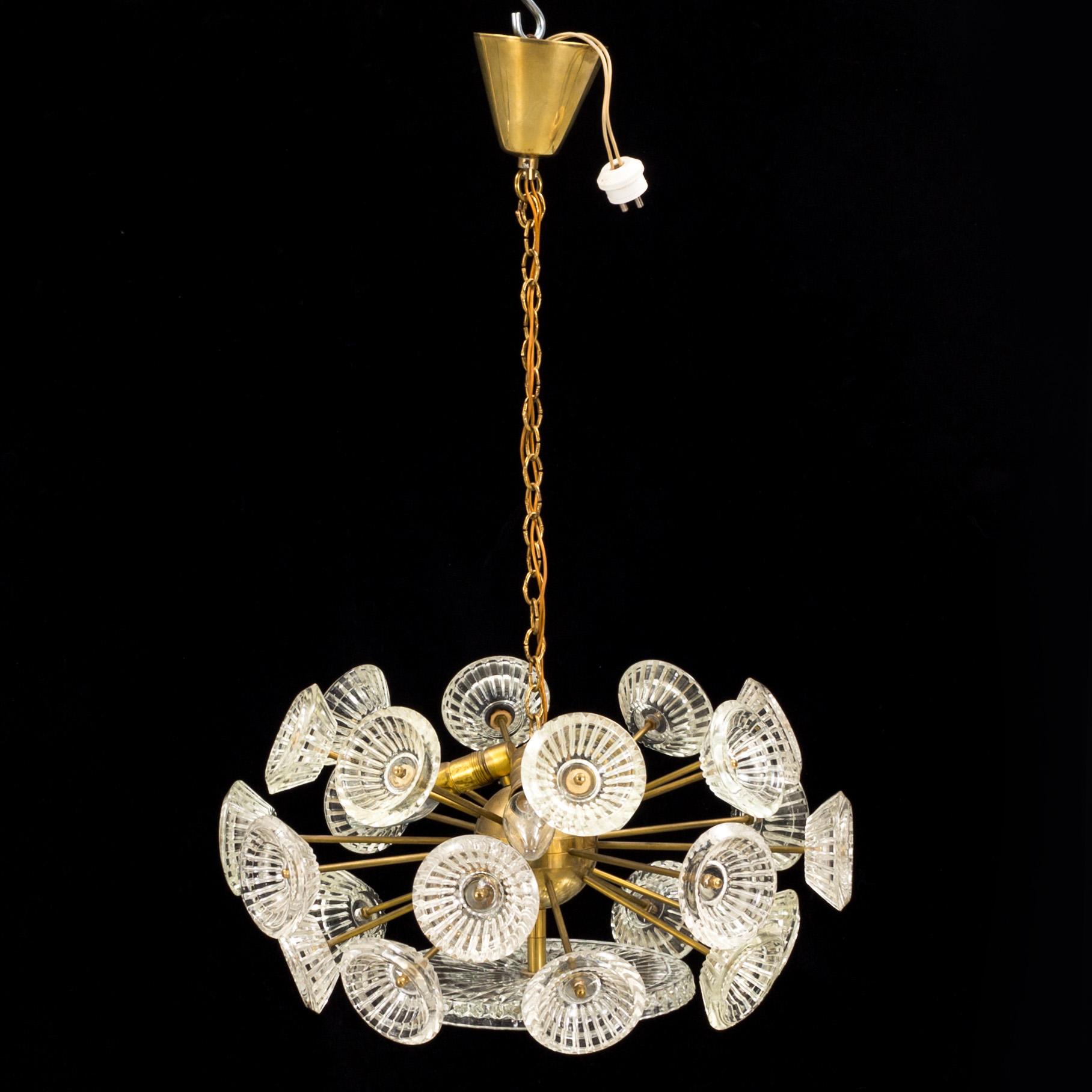a 1950s/60s brass and glass ceiling light.