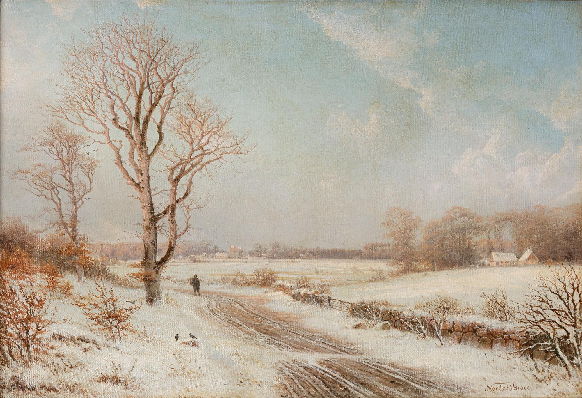 Frits Nordahl Grove, Winter landscape with a wandering figure.