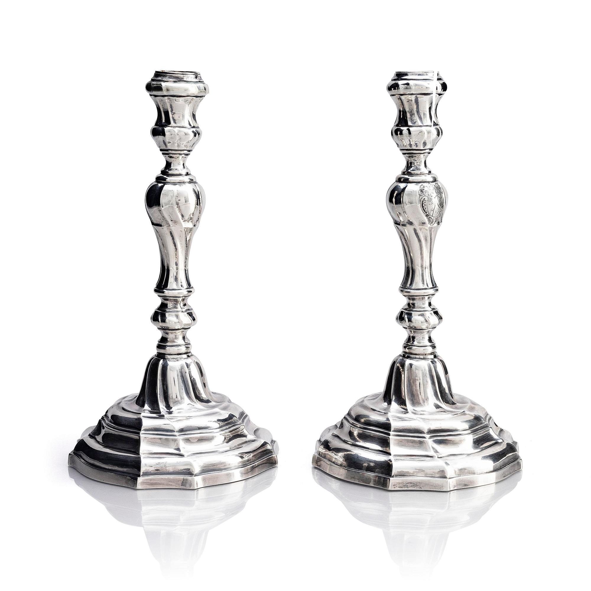 A pair of Belgian silver candlesticks, Hainaut, Ath, Belgium, 1768.