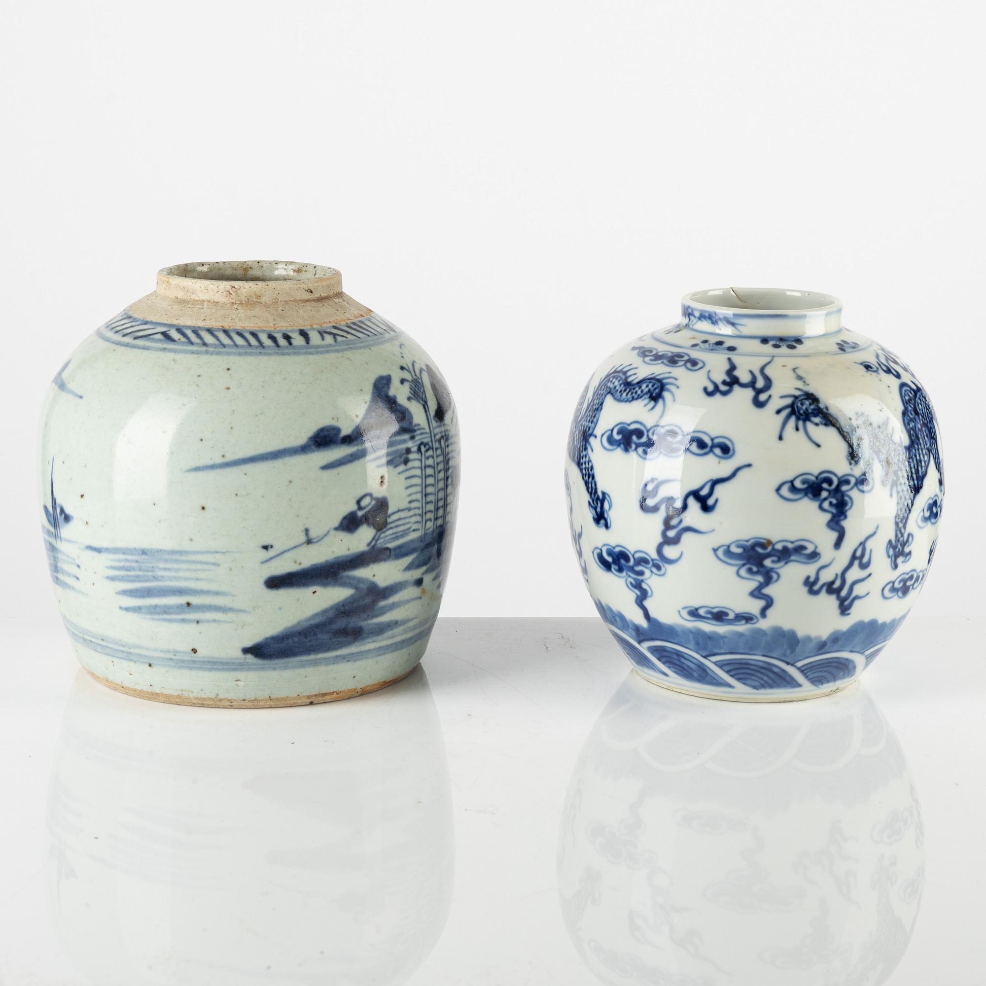 Two blue and white urns and a Canton box with cover, China, 19th century.