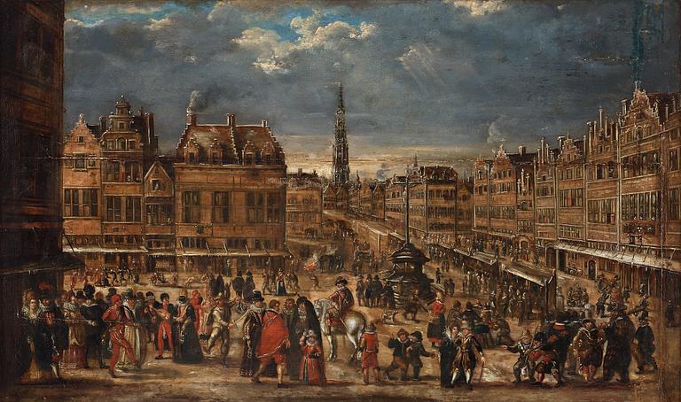 Joost Cornelisz. Droochsloot Tillskriven, Stadsbild med figurer på ett torg.