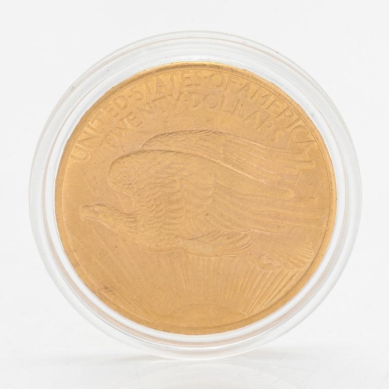 Guldmynt, 20 dollars, USA 1908 guld 900/1000. Vikt ca 33,5 g.