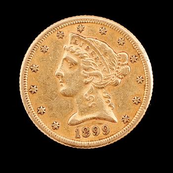 GULDMYNT, 5 dollar, USA, 1899. Vikt ca 8 gram.
