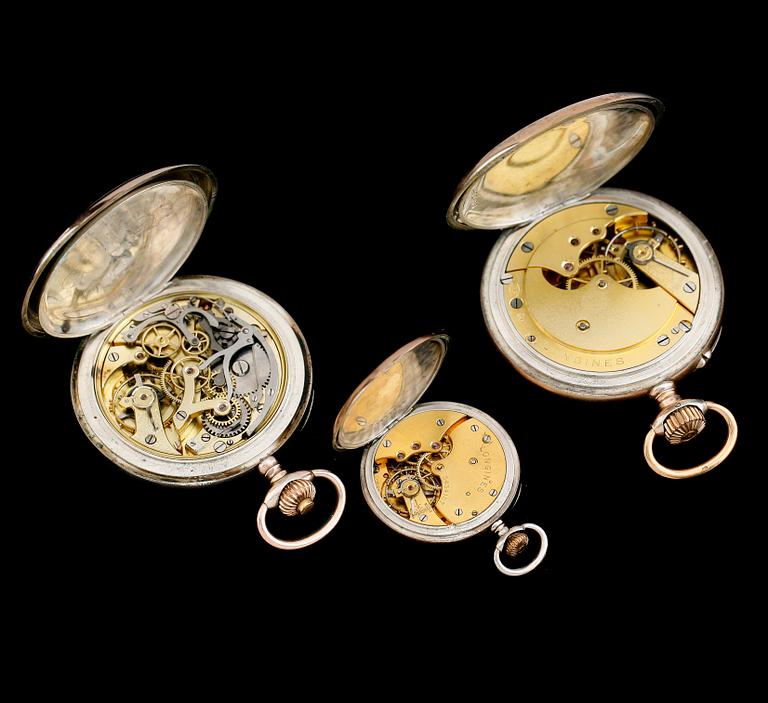 FICKUR, 3 st, silver, två märkta Longines, 1900-talets första hälft.