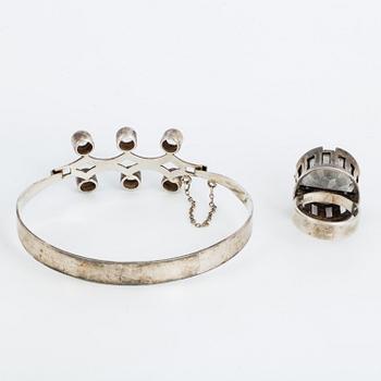 Ring and bangle, silver with rock crystal.