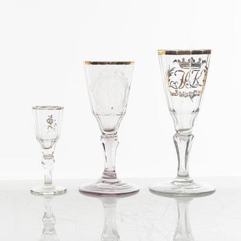 A set of two wineglasses and a small glass, 18th century.