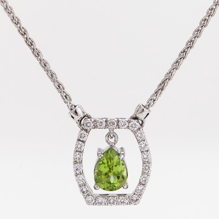 Kaulakoru, 18K valkokultaa, pisaranmuotoinen peridotti ja timantteja yht 0.44 ct.