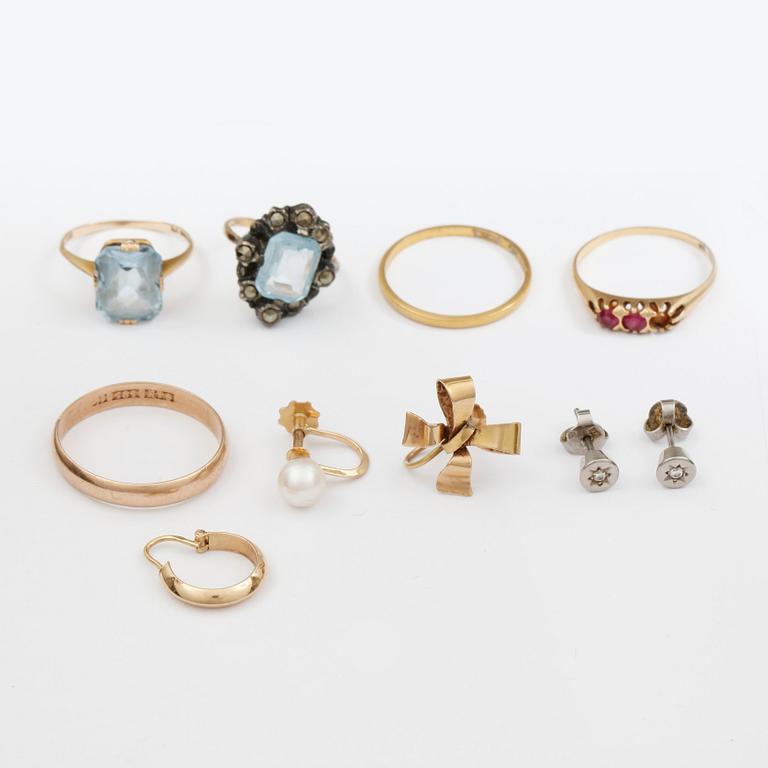 PARTI SMYCKEN, 9 delar, bl.a. 18k guld. Total vikt ca 18 gram.