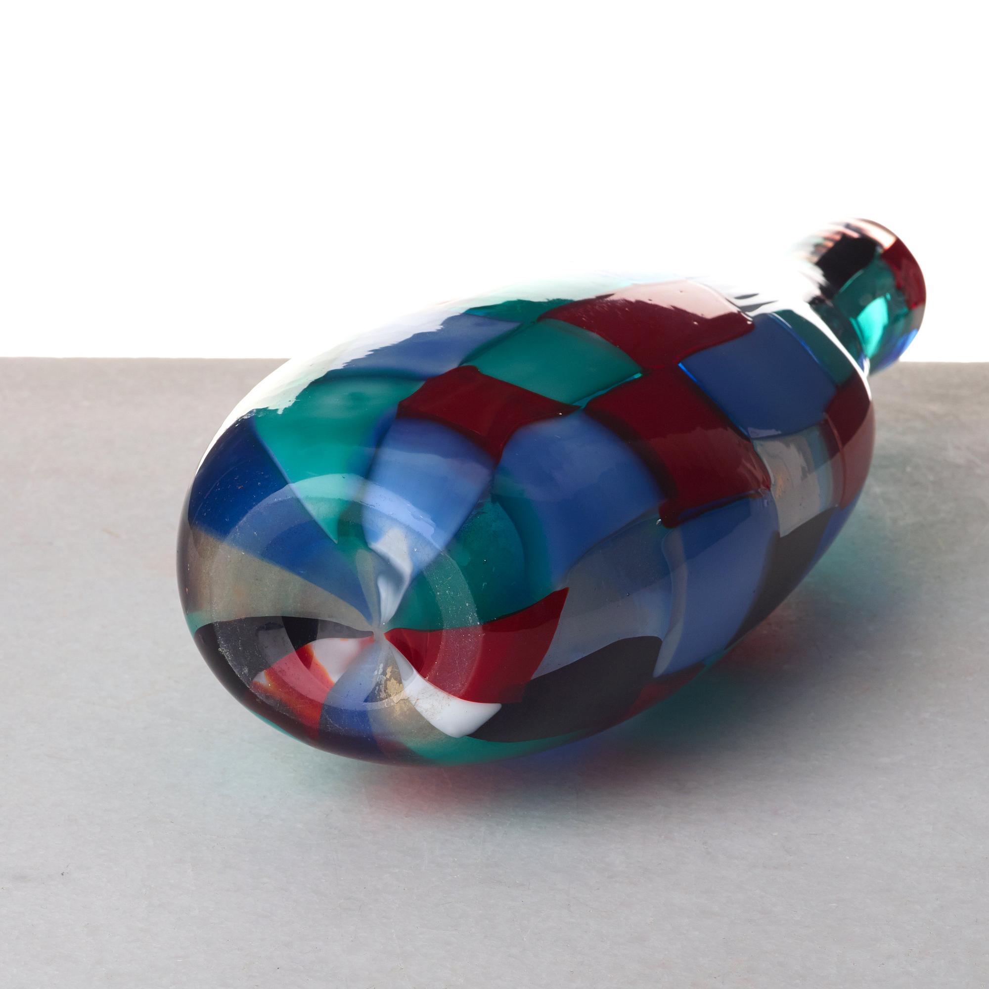 Fulvio Bianconi, a pezzato (patchwork pattern) glass bottle, Venini, Italy 1950's.