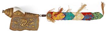 A elaborately decorated ritual Tibetan Conch-shell horn, Qing dynasty, 19th Century.