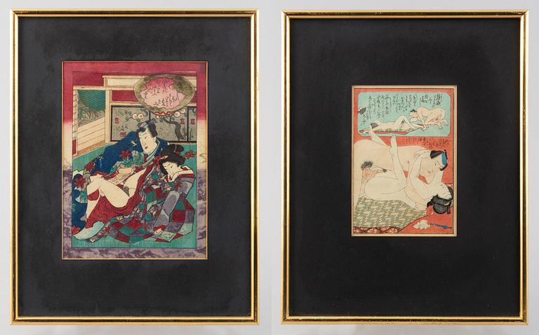 Unidentified artist, two so-called Shunga motifs, erotic scenes, Japan, 19th/20th century.