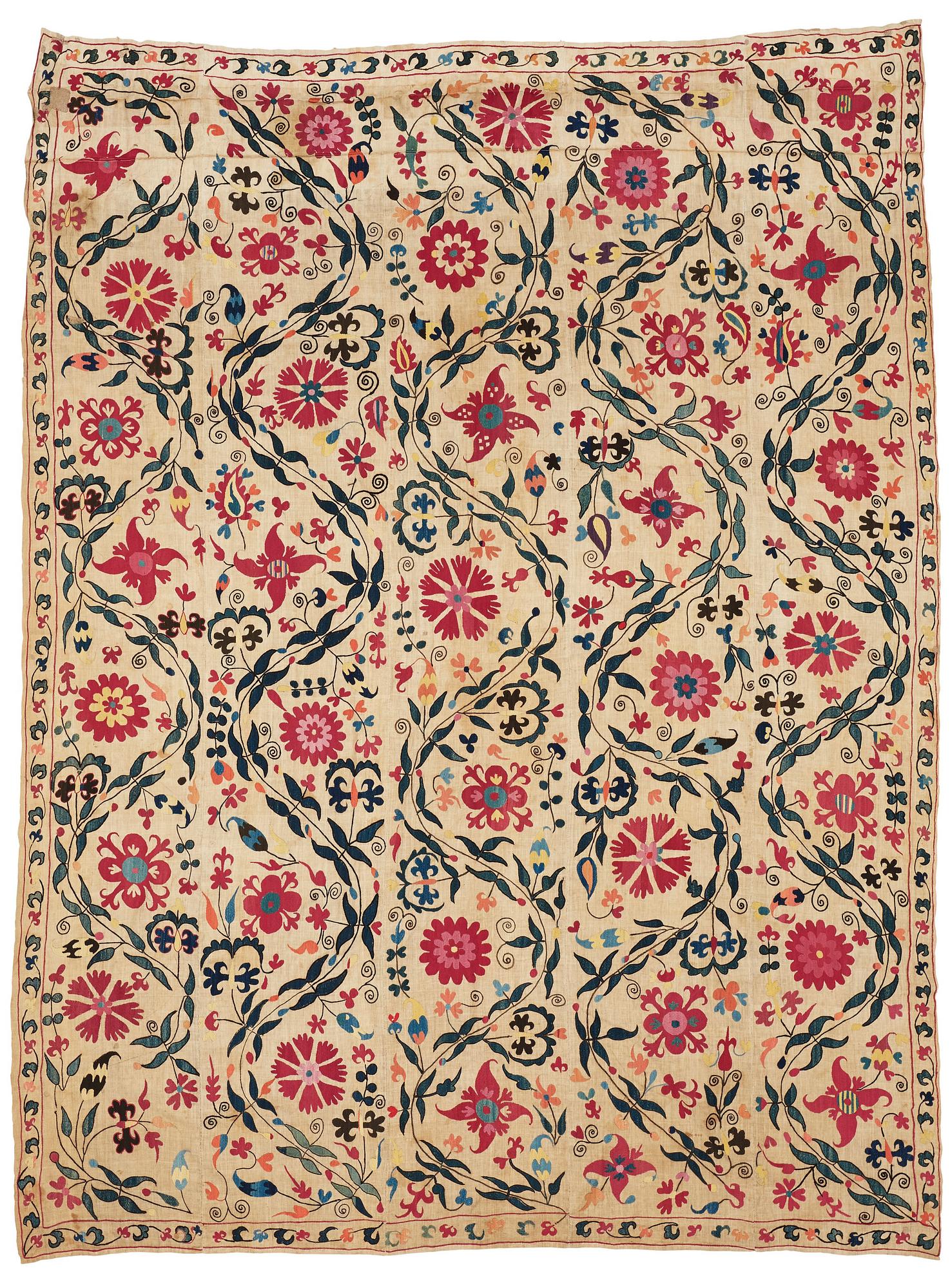 An embroidery, an antique suzani, Ura Tube or the Ferghana valley, ca 250,5-253,5 x 185,5-191,5 cm.