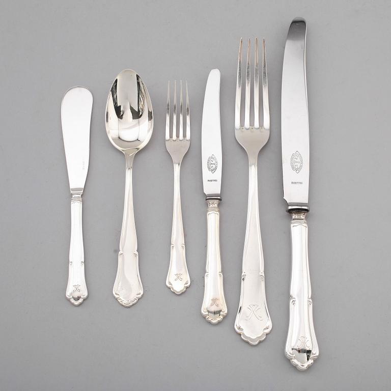 BESTICK, 62 delar, silver, "Saga", 1940/50-tal. Total vikt med stålblad ca 2460 gram.