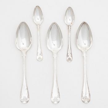 Dinner spoons, 12 pcs, as well as tea spoons, 12 pcs, silver, old French, mostly CF Carlman, Stockholm 1897-1898.