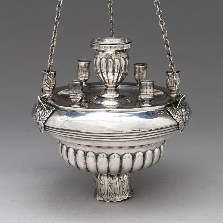 A Russian oil lamp in silver, maker's mark Jevstafij Silantiev, Saint Petersburg, 1839.