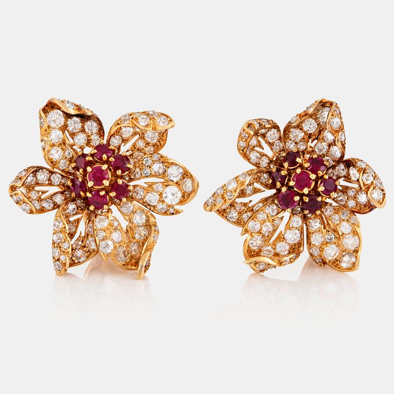 A pair of 18K gold earrings Monture Boucheron set with rubies and old- and eight-cut diamonds.