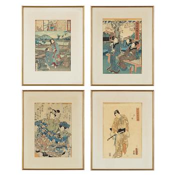 Different artists, four colour woodblock prints, Japan.