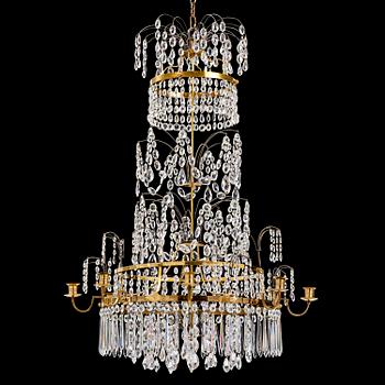 127. A late Gustavian gilt brass and cut glass eight-branch chandelier, Stockholm, late 18th century.