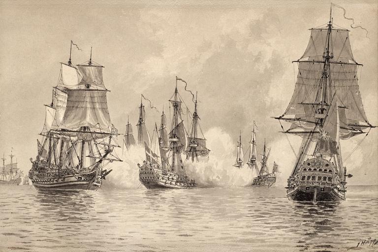 Jacob Hägg, "Konvojskeppet Ölands strid med engelska eskadern utanför Englands kust i juli 1704" (The convoy ship Öland battling the english squadron off the english coast July 1704).