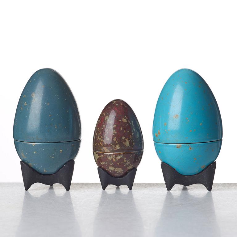 Hans Hedberg, a group of three faience sculptures of eggs, Biot, France.