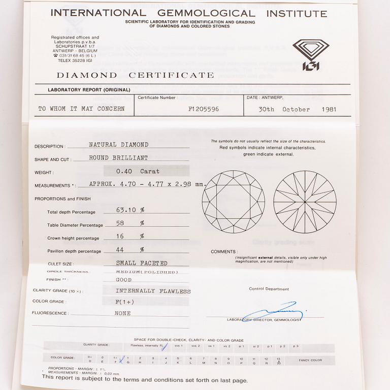 Brilliant-cut diamond 0,40 ct, F IF, IGL cerificate 1981.