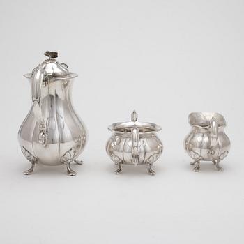 KAFFESERVIS, 3 delar, silver, Danmark, 1900-tal, total vikt ca 871 gram.