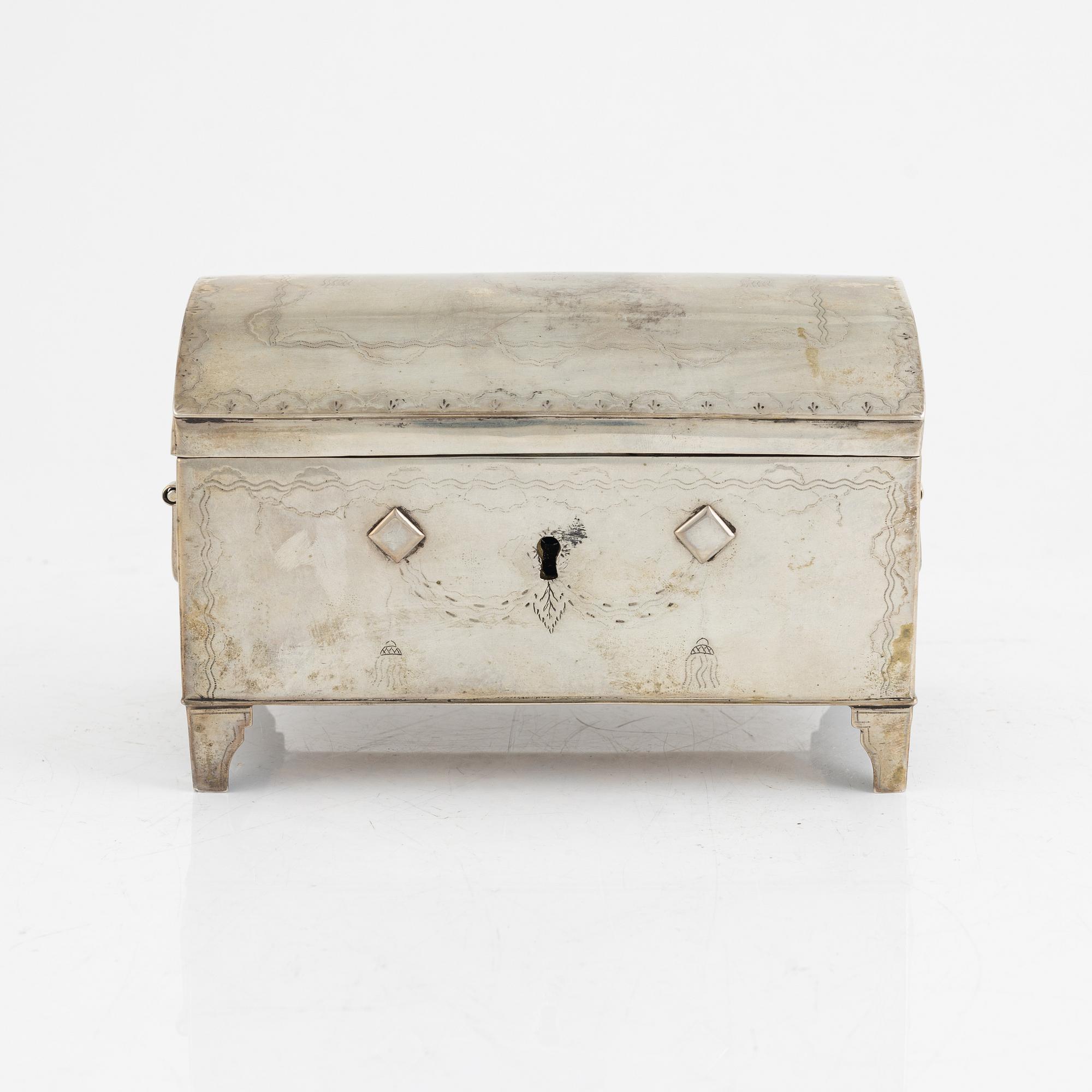 A silver chest/box, with import marks/tax marks from the Netherlands, possibly 19th century.