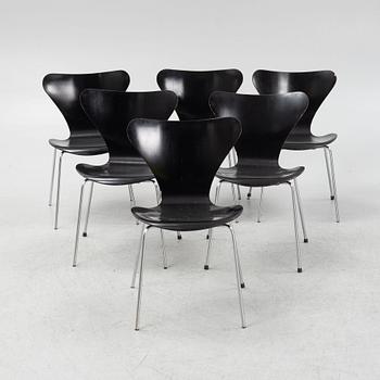 Arne Jacobsen, six 'Series 7' chairs, from Fritz Hansen, Denmark, 1960's and 70s.