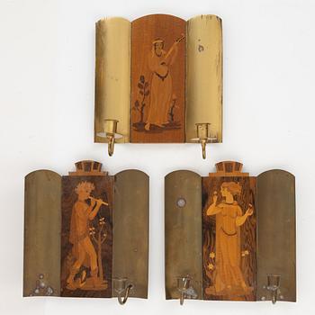 Wall sconces, 3 pcs, Mjölby Intarsia, 1930s.