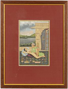 Unidentified artist, Erotic scenes in palace settings, India, 20th century. Four pieces.