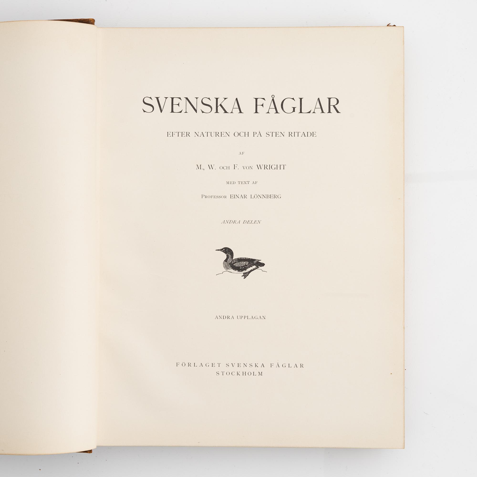 Bokband, 3 st, "Svenska Fåglar" av bröderna von Wright.