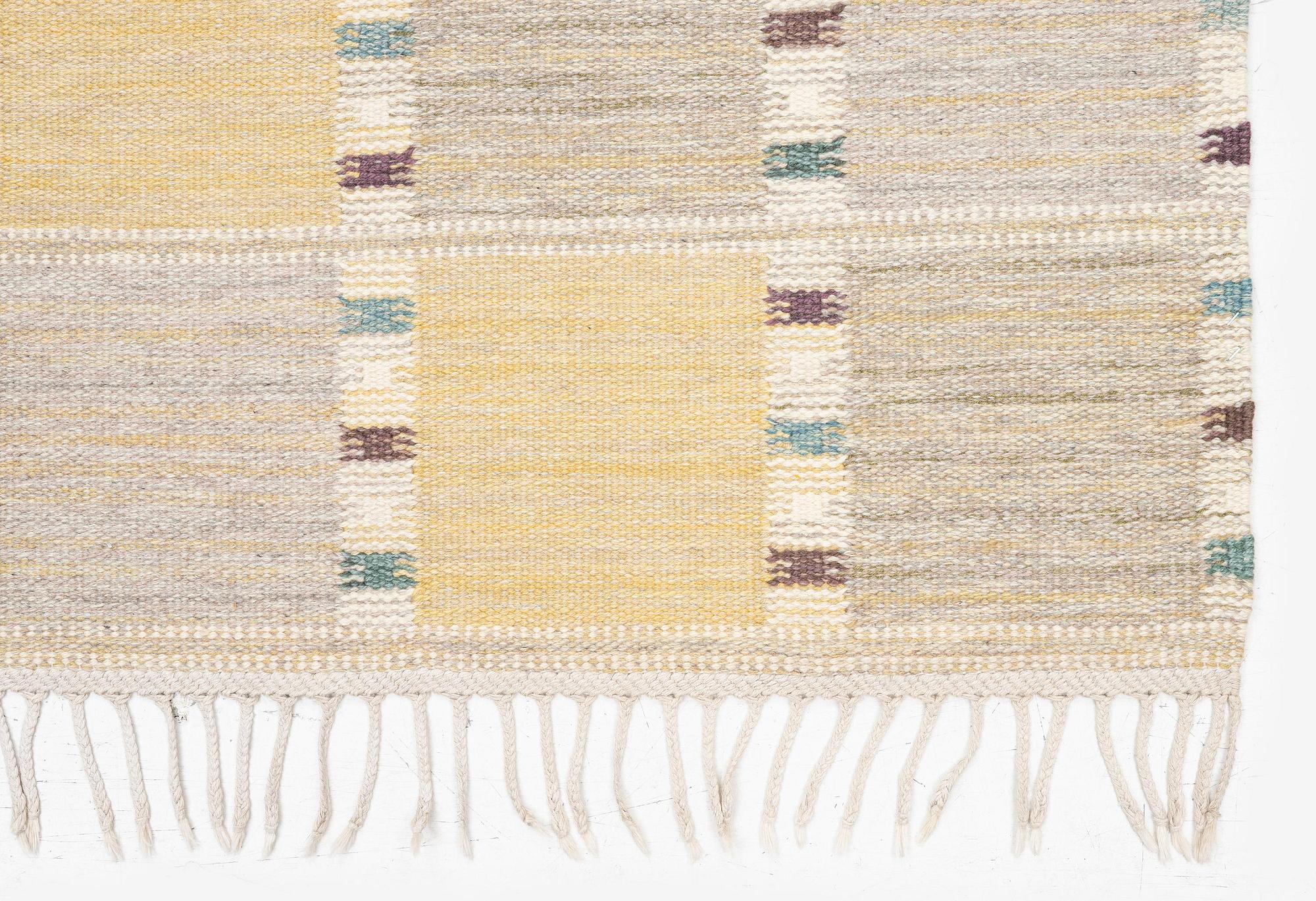 Barbro Nilsson, a carpet, 'Falurutan gul S', flat weave, c. 223 x 115 cm, signed AB MMF BN.