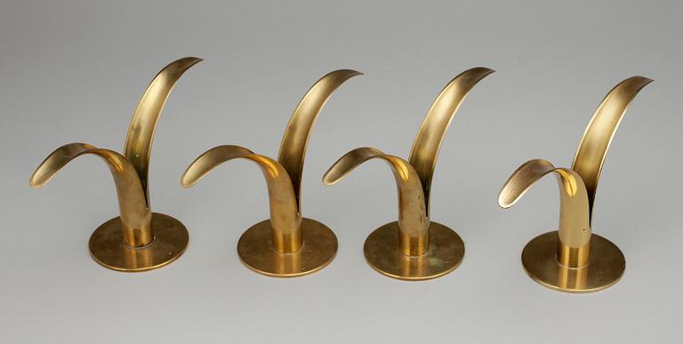 LJUSSTAKAR, 4 st, mässing, "Liljan", Ivar Ålenius Björk för Ystad-Metall, 1900-tal.