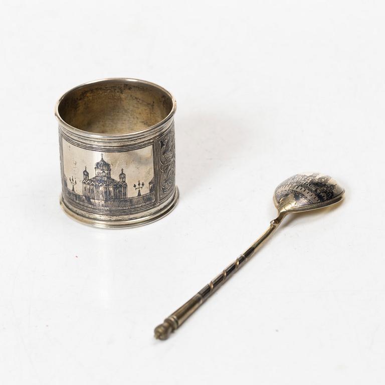 A Russian silver niello napkin ring and spoon, late 19th century-early 20th century.