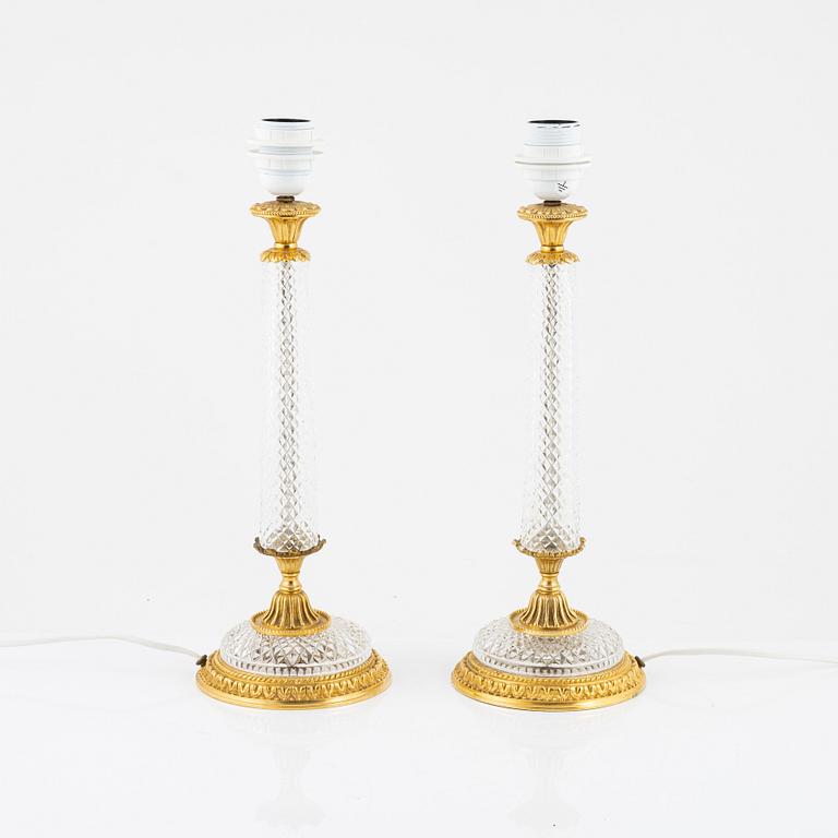 A pair of Empire-style glass and cut glass table lamps, late 20th century.