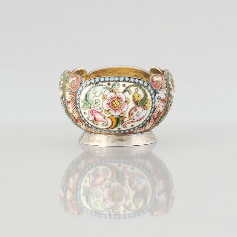 A Russian early 20th Century silver-gilt and enamel salt cellar. Assayer's mark Ivan Lebedkin.