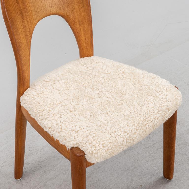 A set of six teak dining chairs upholstered in new sheep skin by Niels Koefoed, Denmark, 1960's.