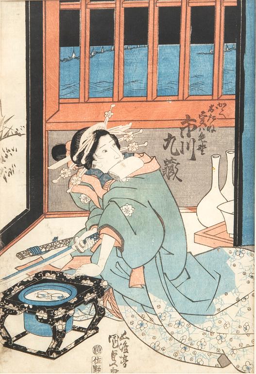 Utagawa Kunisada (Toyokuni III) färgträsnitt triptyk Japan 1800-tal.